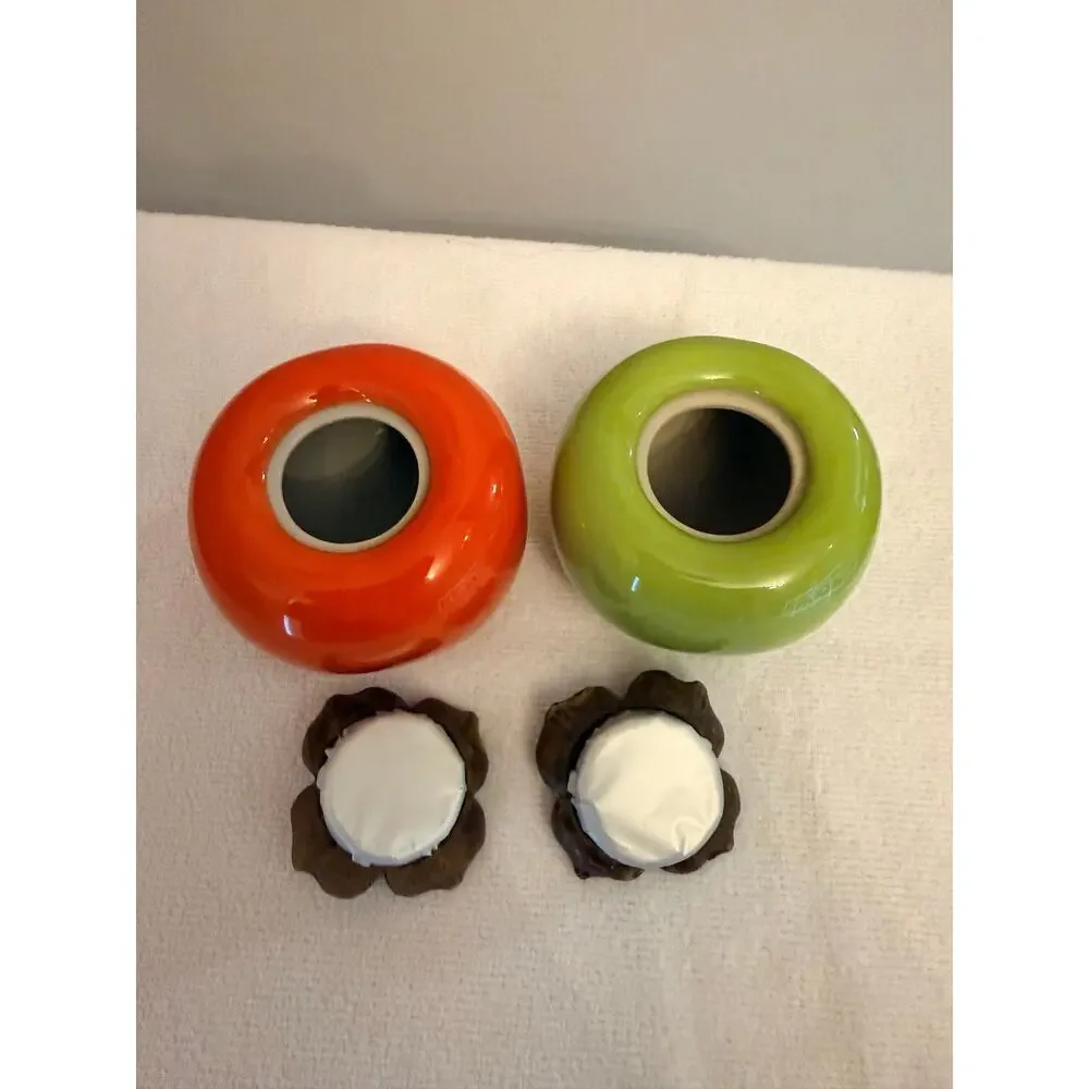 2PCS Kitchen Gift Persimmon Shaped Ceramic Storage Jar (Orange, Green) NWOT
